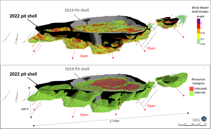 Inclined View of Nelligan 2022 Pit Shell Relative to 2019 Resource - gold mining - mineral exploration